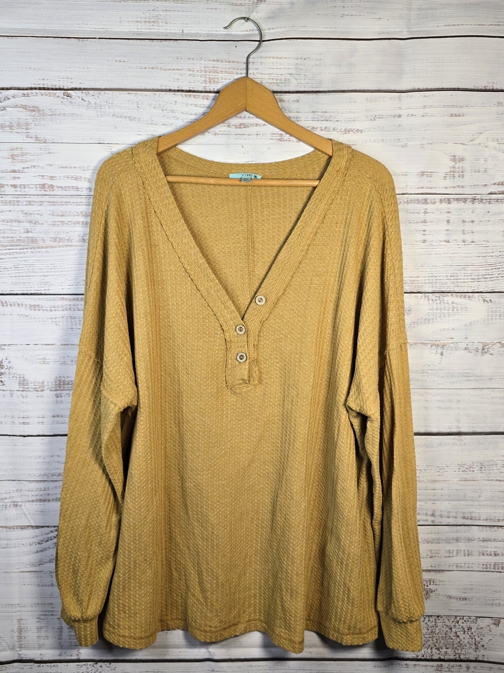 P.S. Kate Mustard Waffle Knit Henley Top‎ Size 3X Cozy Casual Boho
